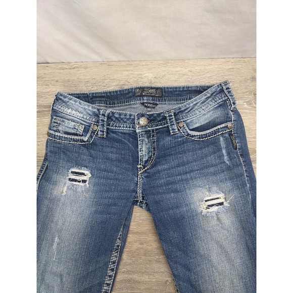 Silver Blue Jeans Pioneer Boot Cut Low Rise Dark Wash W 32 L 31 Distressed - Picture 5 of 12